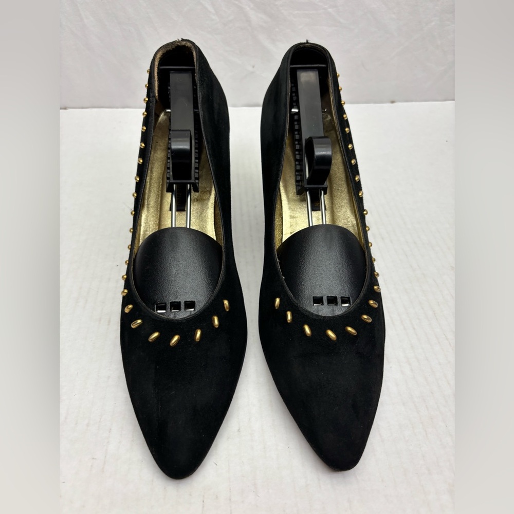 Larry Stuart Black Pointed Toe Studded Suede heels, SZ 9.5 M, box 26